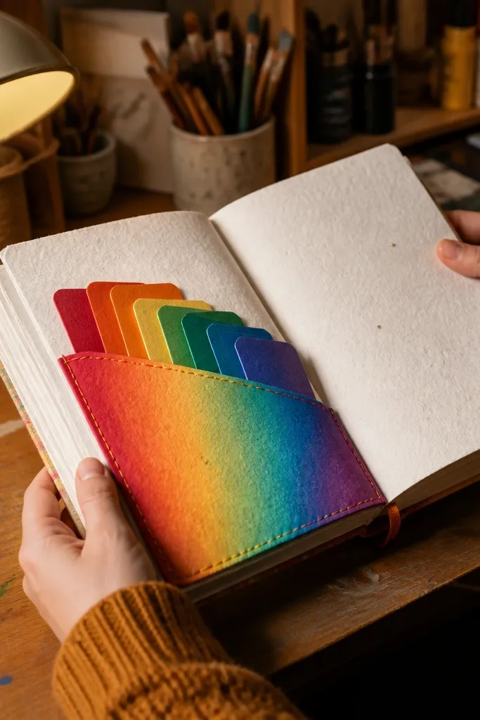 Side pocket with rainbow gradient paper and small color swatch strips