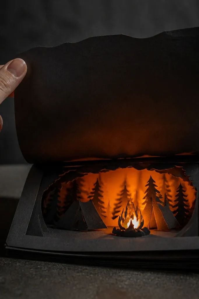 Black silhouette night scene with a flap revealing warm orange campfire glow
