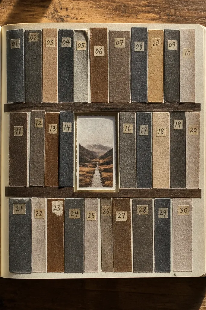 Book spine collage strips with numbered labels on a cream page
