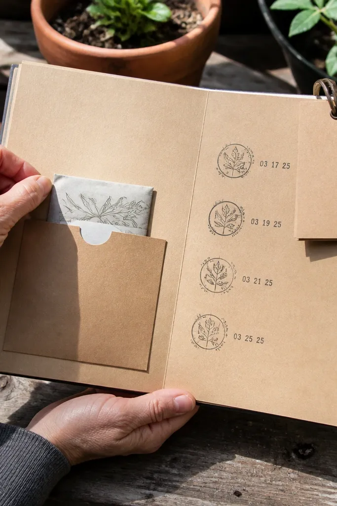 Seed packet pocket with small stamped dates and green accents
