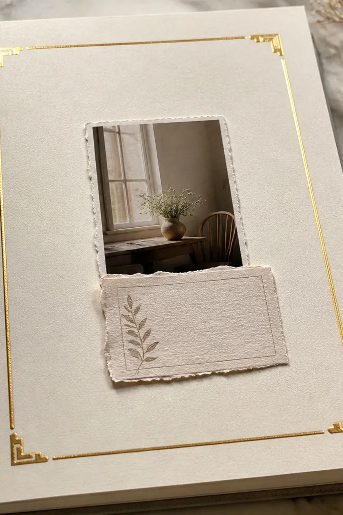 Gold foil corner frame around a cream journal page with a small -like label