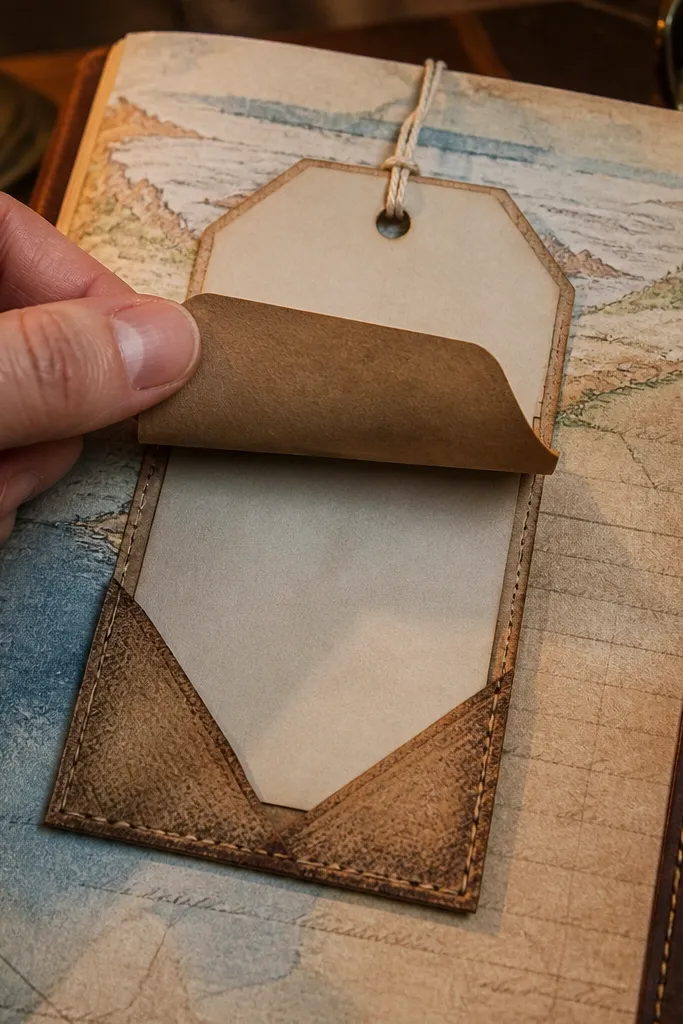 Brown luggage tag page with corner tabs and stamped-style labels