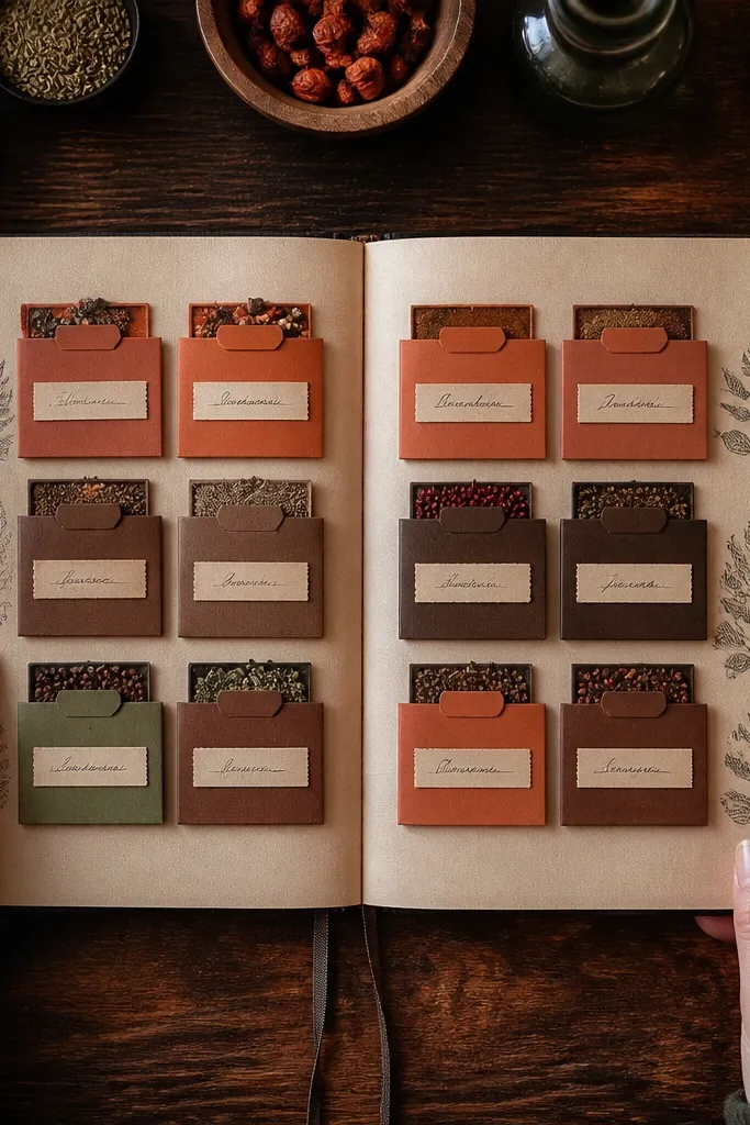 Mini drawer pockets labeled like spices on a warm paper background