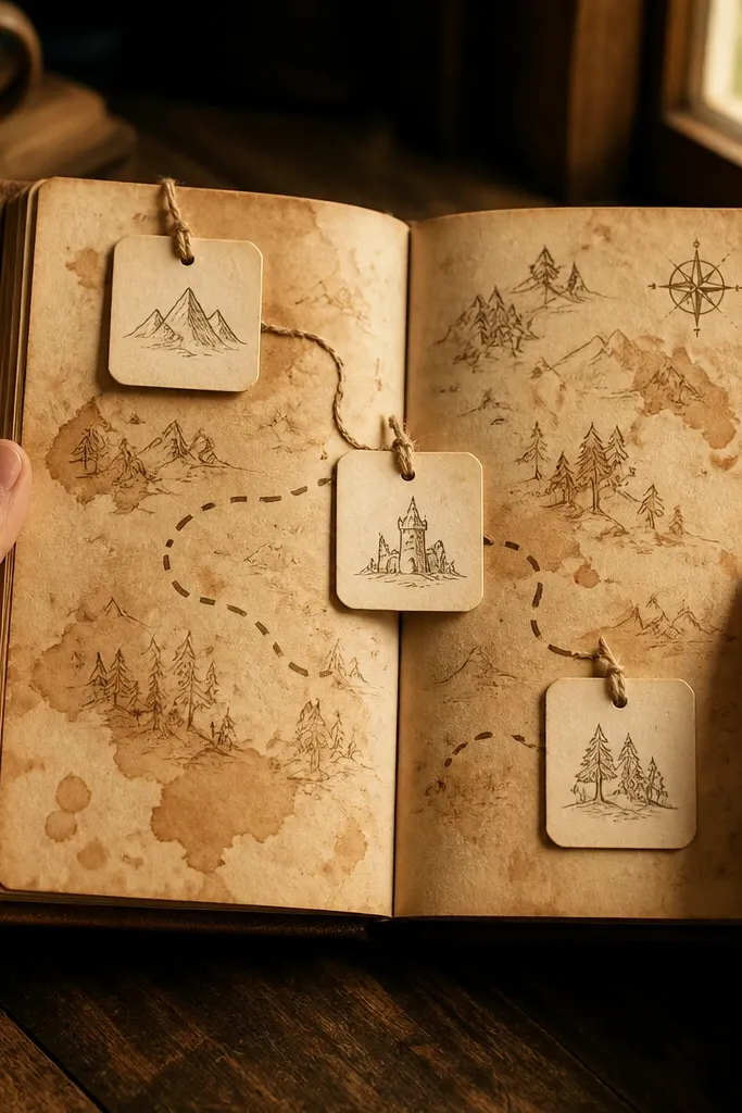 Hand-drawn fantasy map with a winding path and three small waypoint tags