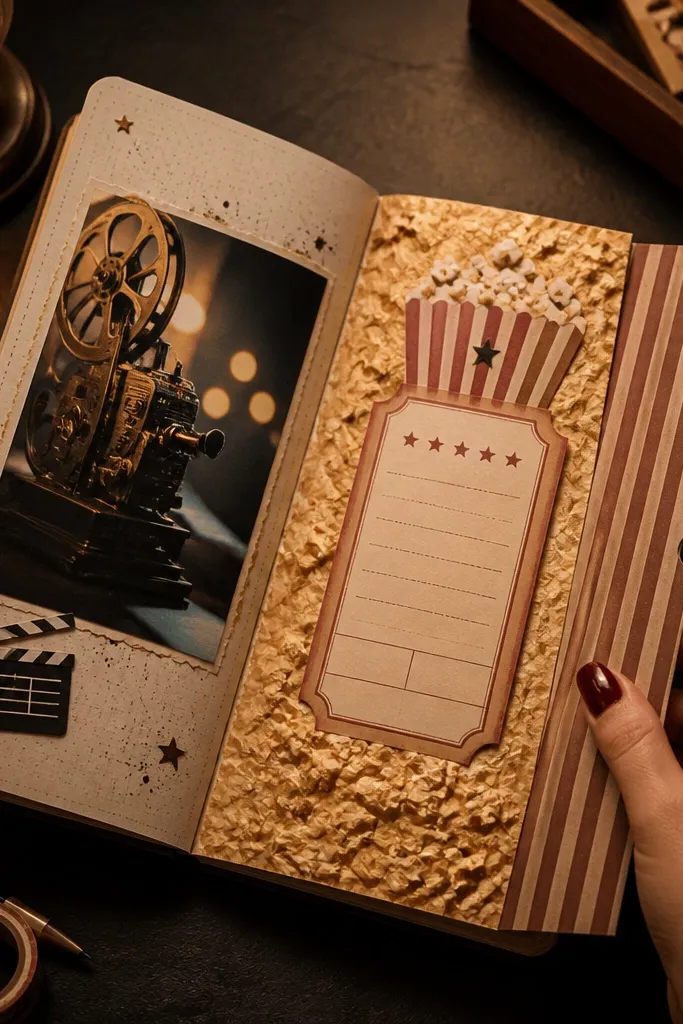 Cinema ticket fold page with popcorn-colored paper texture and small reels icons