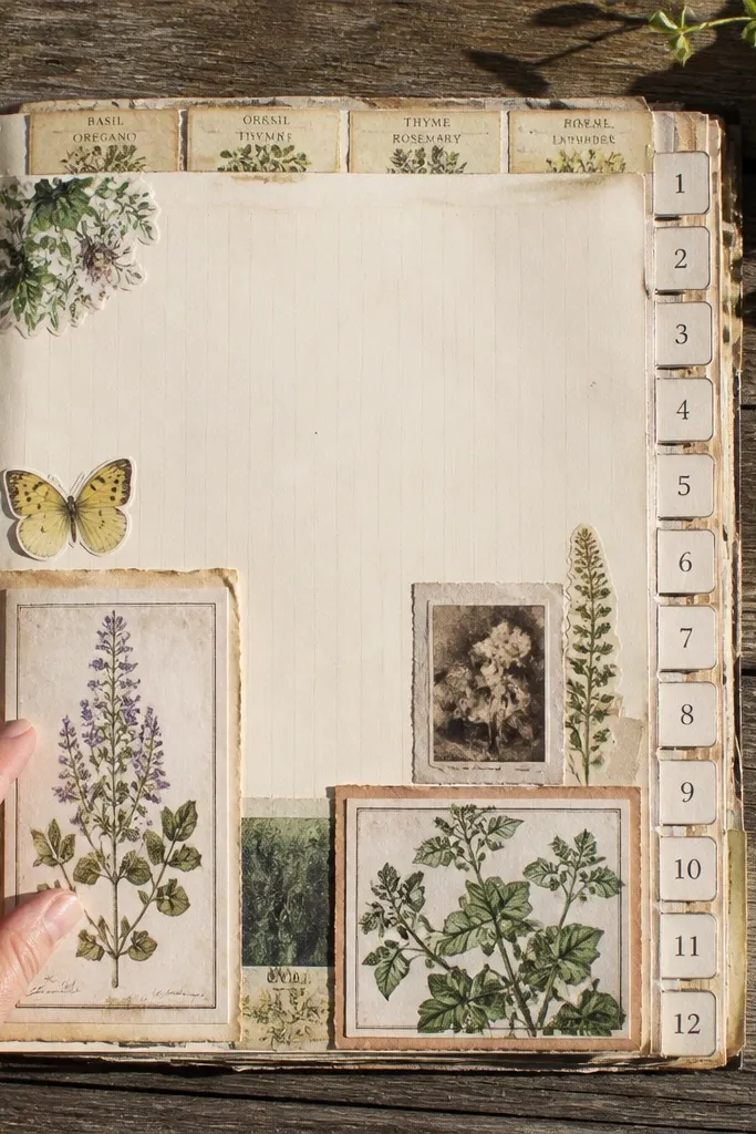 Numbered side tabs on a scrapbook page with plant-themed labels