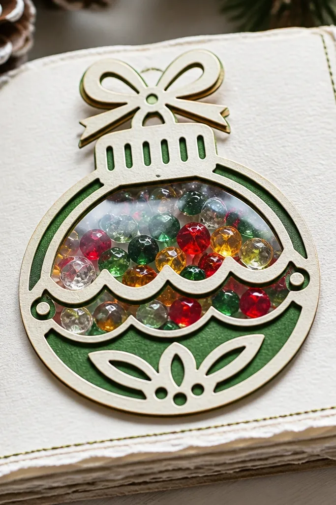 Ornament-shaped frame with a clear insert and tiny color confetti