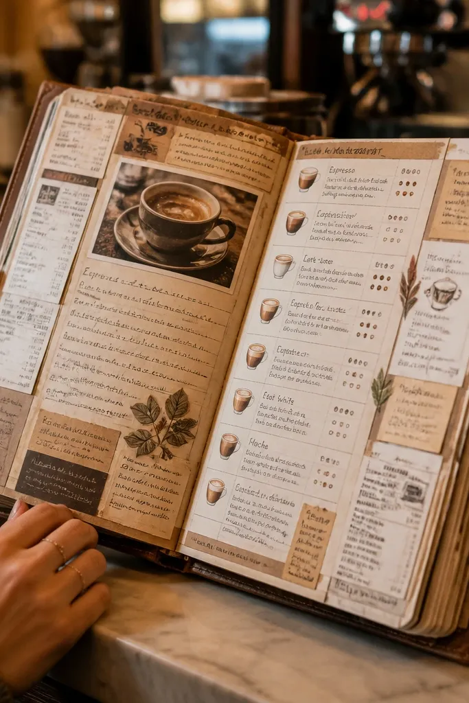 Coffee menu layout with receipt tucks and handwritten drink notes