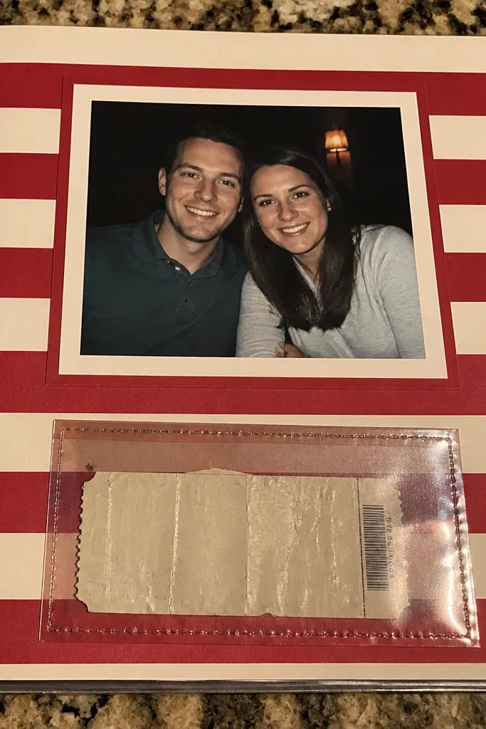 Red and white striped pocket holding a ticket shape and a date strip