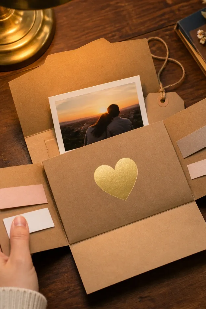 Kraft paper wallet with gold heart label and small note cards