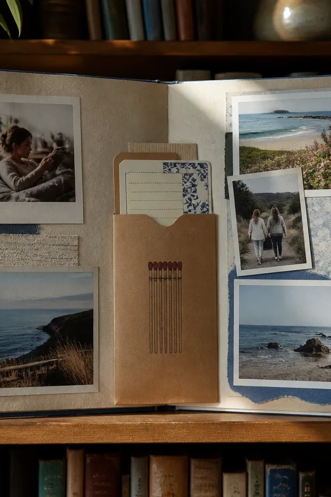 Vintage-style matchbook shape with layered photos and a small journaling block