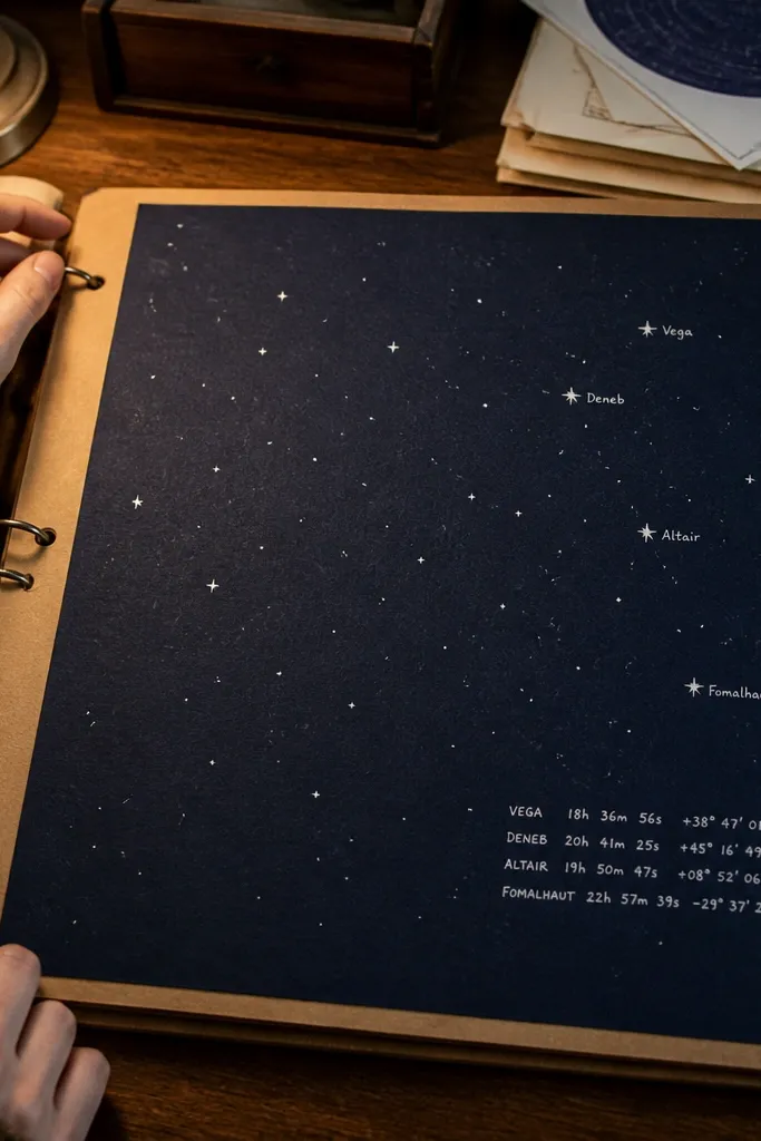 Night-sky star map with handwritten coordinates and small cluster