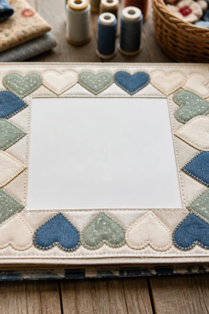 Pink and cream fabric heart border around a central with journaling card
