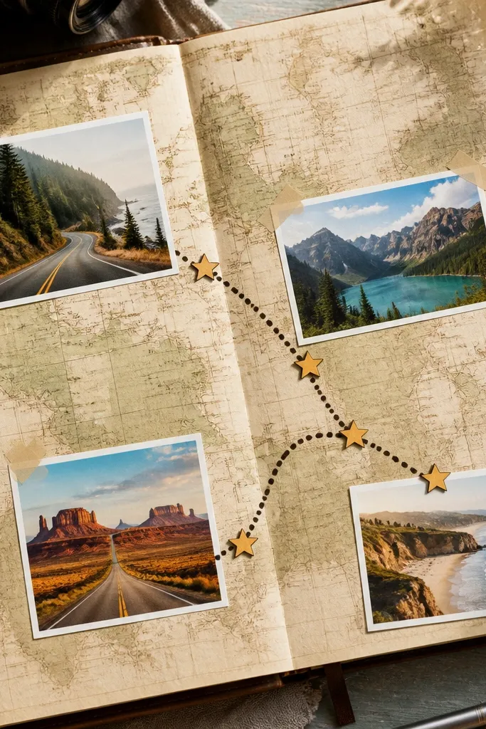 A map-style page with a dotted route, star stickers, and a timeline strip