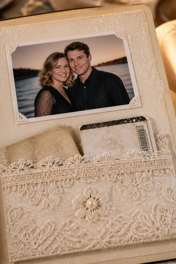 Lace-edged pocket holding ticket stubs and a centered anniversary