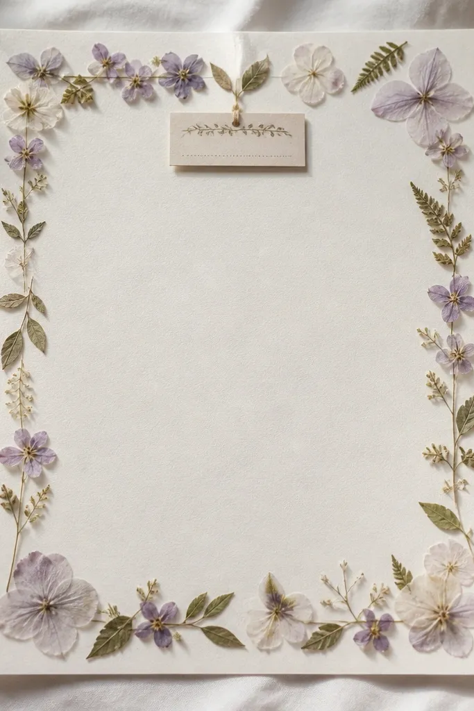 Pressed flowers forming a thin edge frame around a and date label