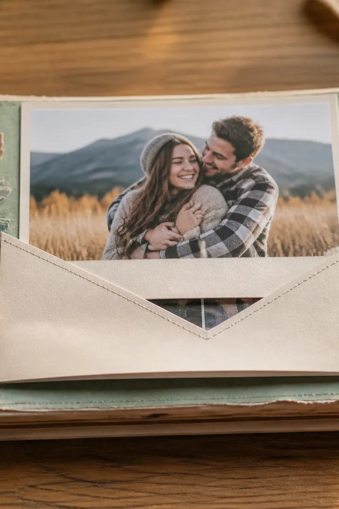 A flap that opens like an envelope with layered photos and a note inside