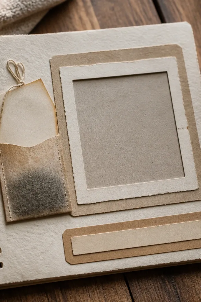Mini tea bag tag with layered paper labels and a warm mat