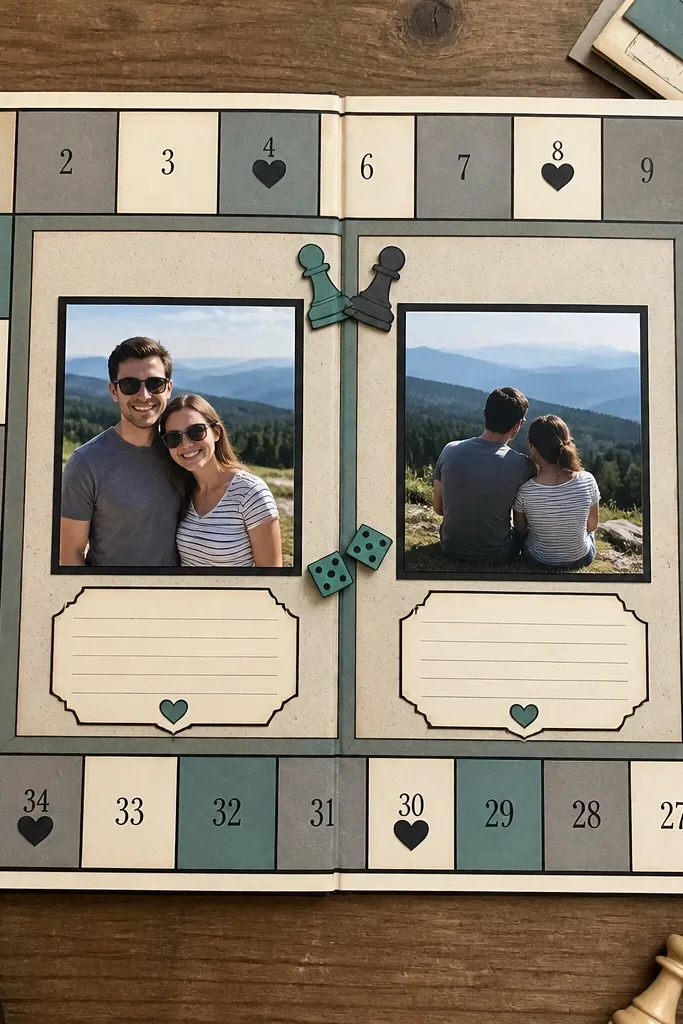 Scoreboard style page with numbered boxes, tiny hearts, and a couple