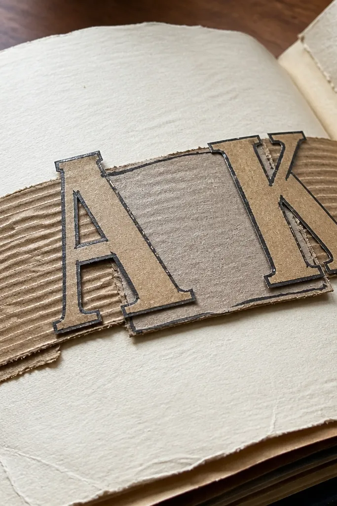 Cardboard banner with stitched monogram letters and a central