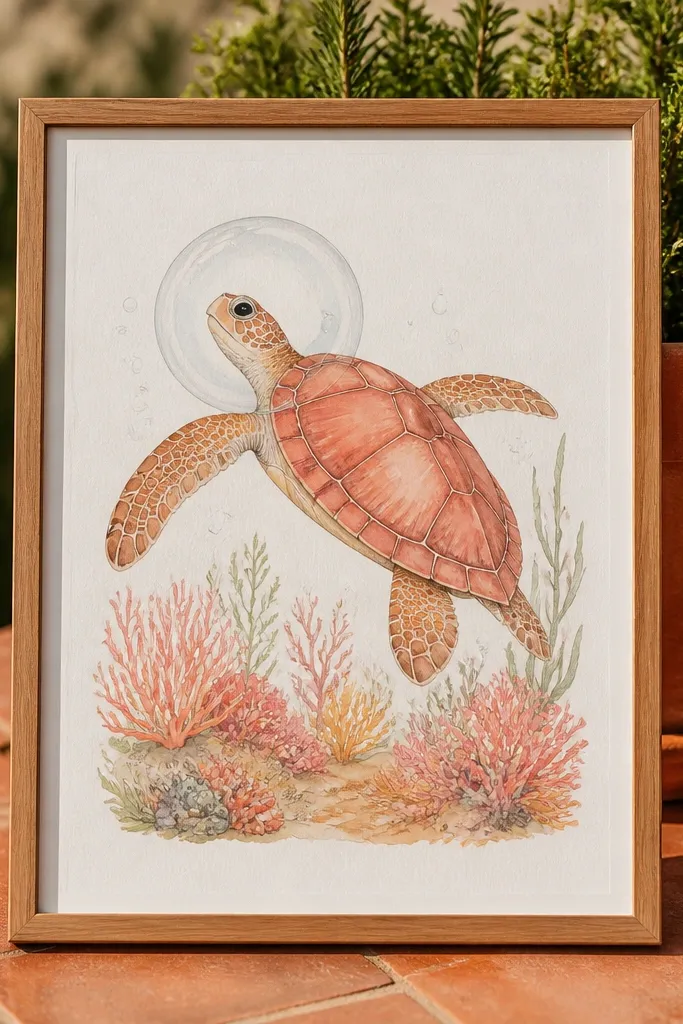 Sea turtle over coral shapes with a ring of bubbles around its head
