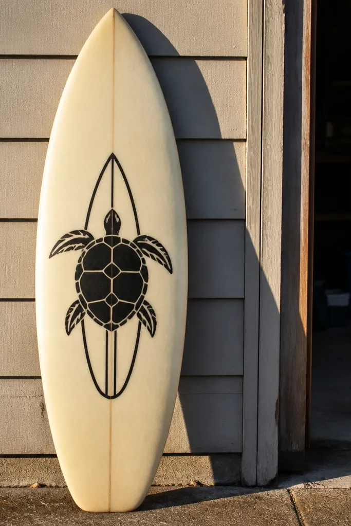 Sea turtle sticker shape on a surfboard with minimal line shading