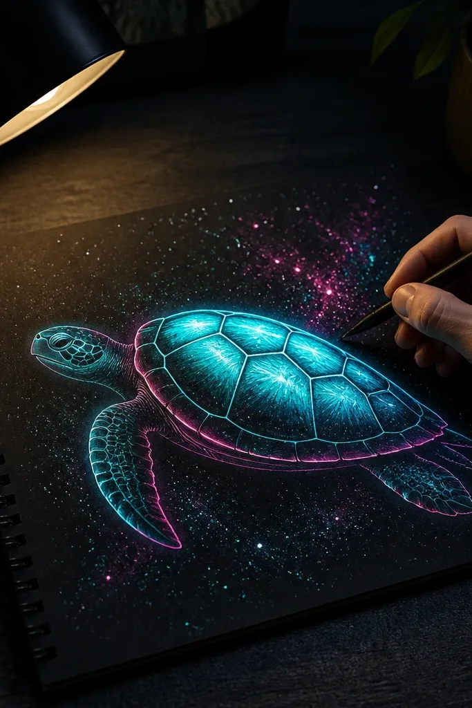 Sea turtle glowing with neon accents against a starry dark background