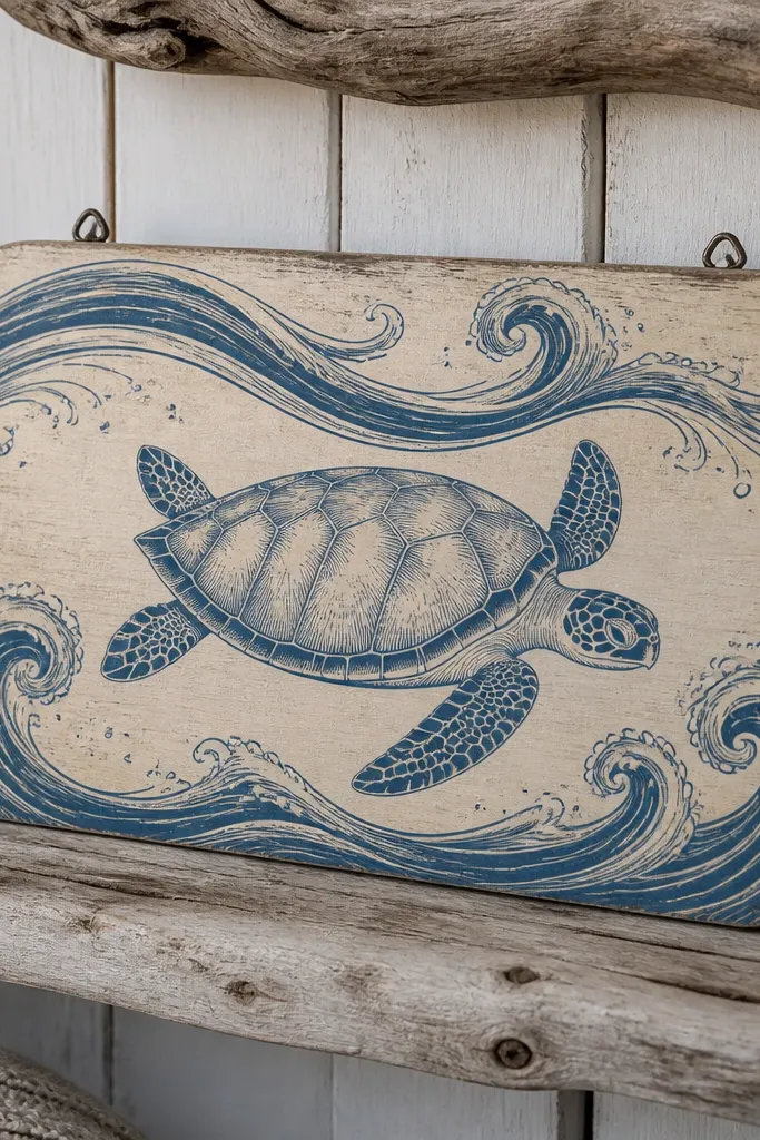Sea turtle centered on a beach sign with handwritten wave text lines