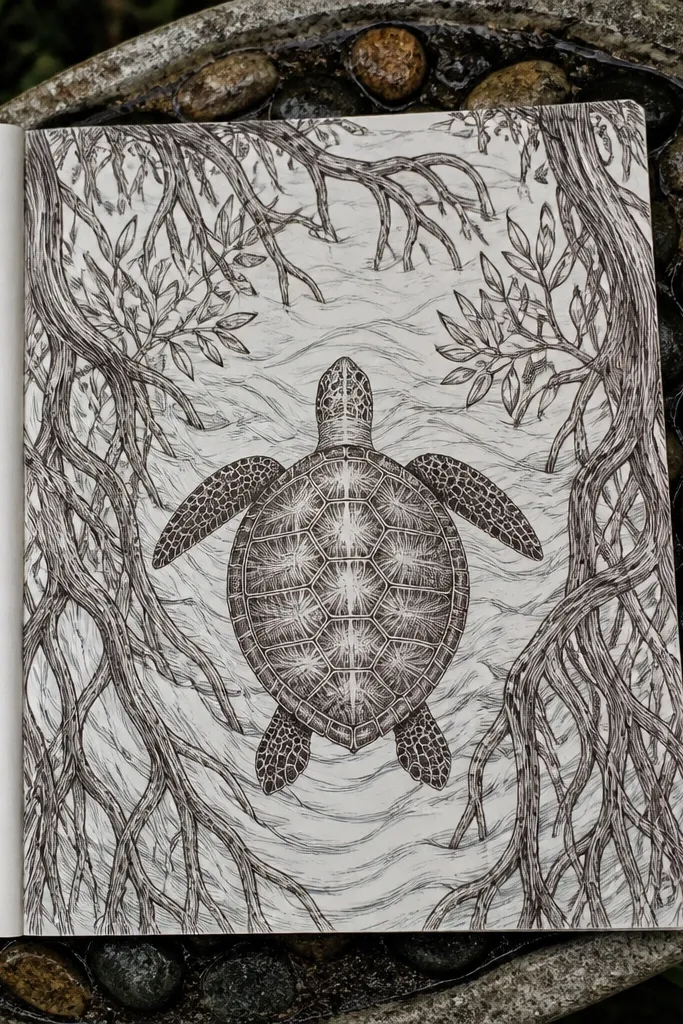 Sea turtle above mangrove roots with water ripples in the background