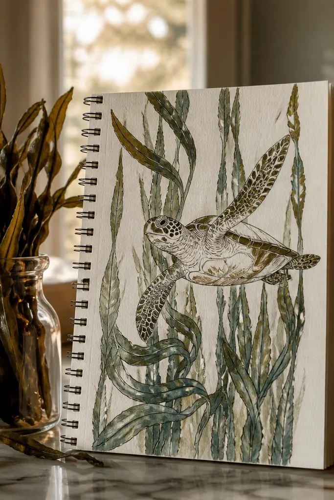 Sea turtle swimming through tall kelp with ribbon-like flipper shapes