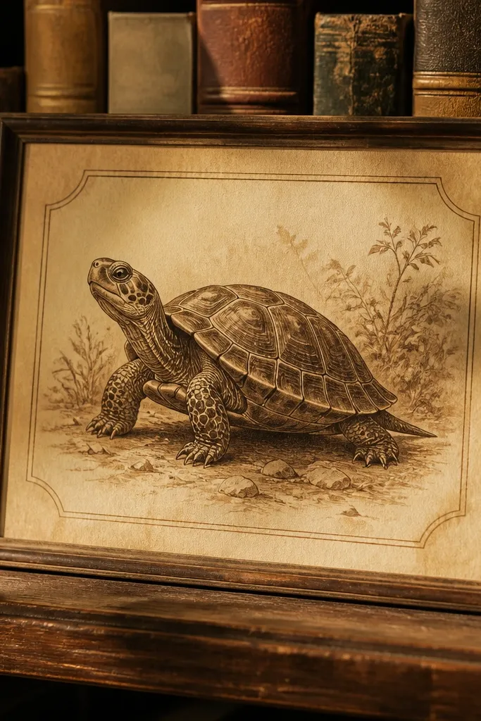 Sea turtle on a postcard background with sepia tones and faint stamp marks