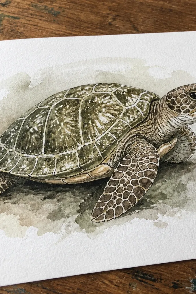 Sea turtle with watercolor texture and dry brush speckles on the shell