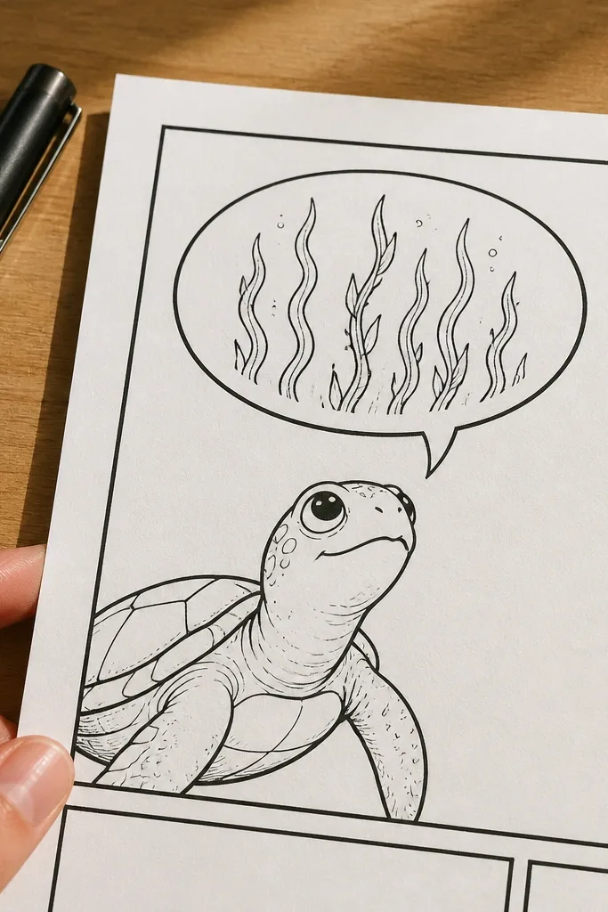 Sea turtle in a comic panel with a speech bubble shaped like kelp