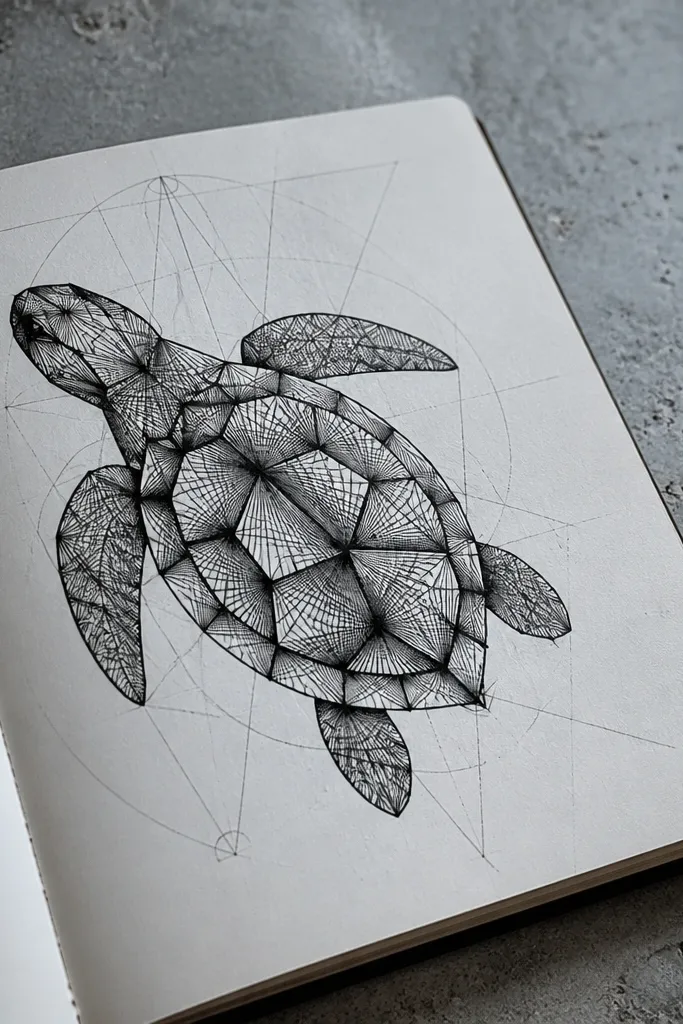 Sea turtle with geometric patterned shell tiles and angular shading
