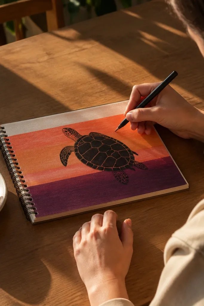Sea turtle in front of a sunset with bold horizontal color blocks