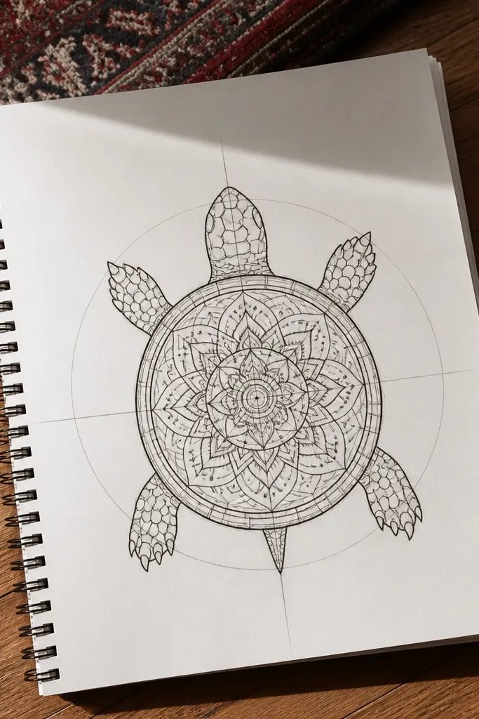Sea turtle whose shell has symmetrical mandala patterns and thin line details