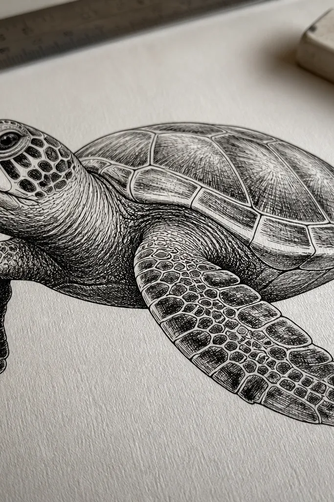 Black ink sea turtle with crosshatching on the shell and flippers