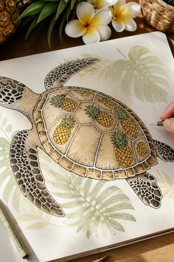 Sea turtle with pineapple pattern accents and tropical leaf background