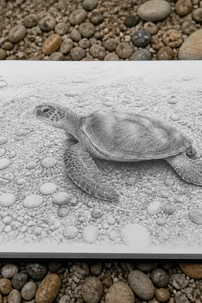 Sea turtle on a textured ocean floor with pebble dots and sand shading