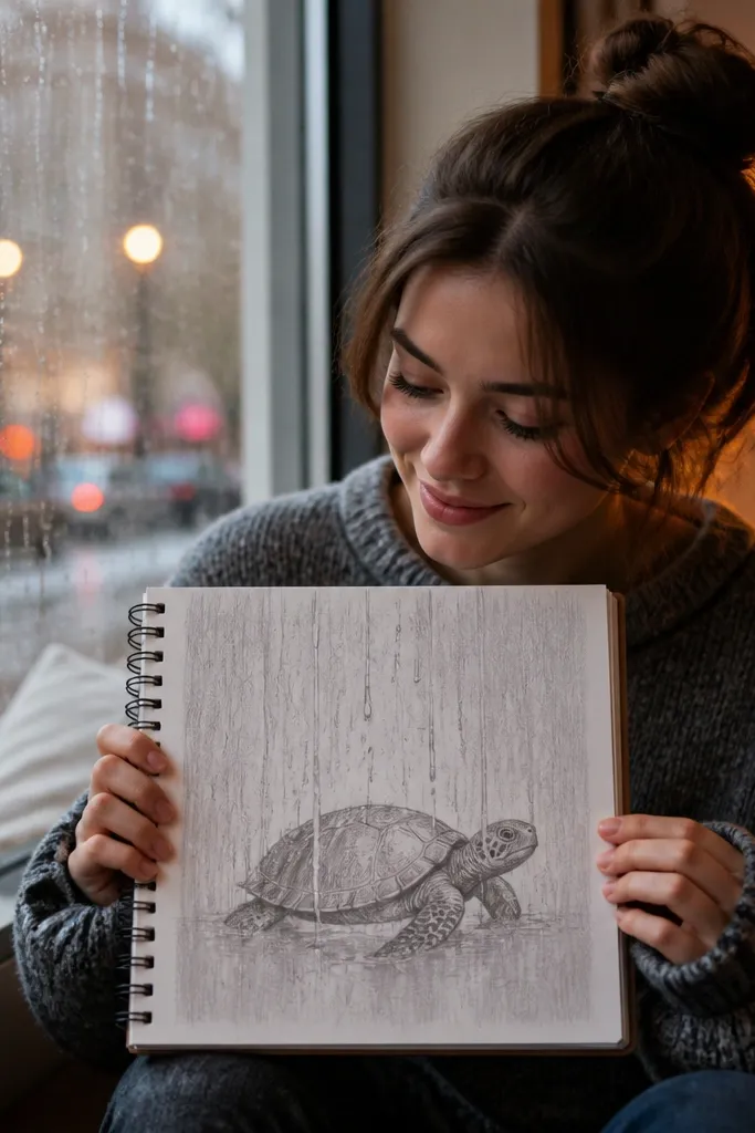 Sea turtle under a rainy window with vertical drip streaks
