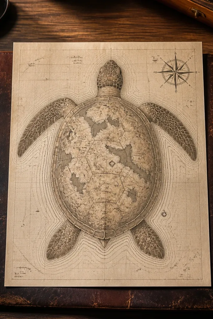 Sea turtle with a map-style shell and a compass rose behind it