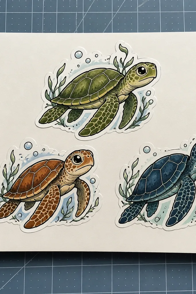 Three small sea turtles arranged like stickers with simple backgrounds