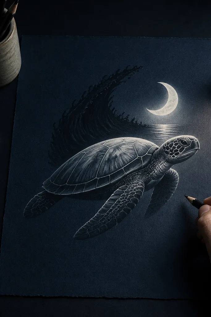 Sea turtle swimming under a crescent moon with dark water shadow shapes