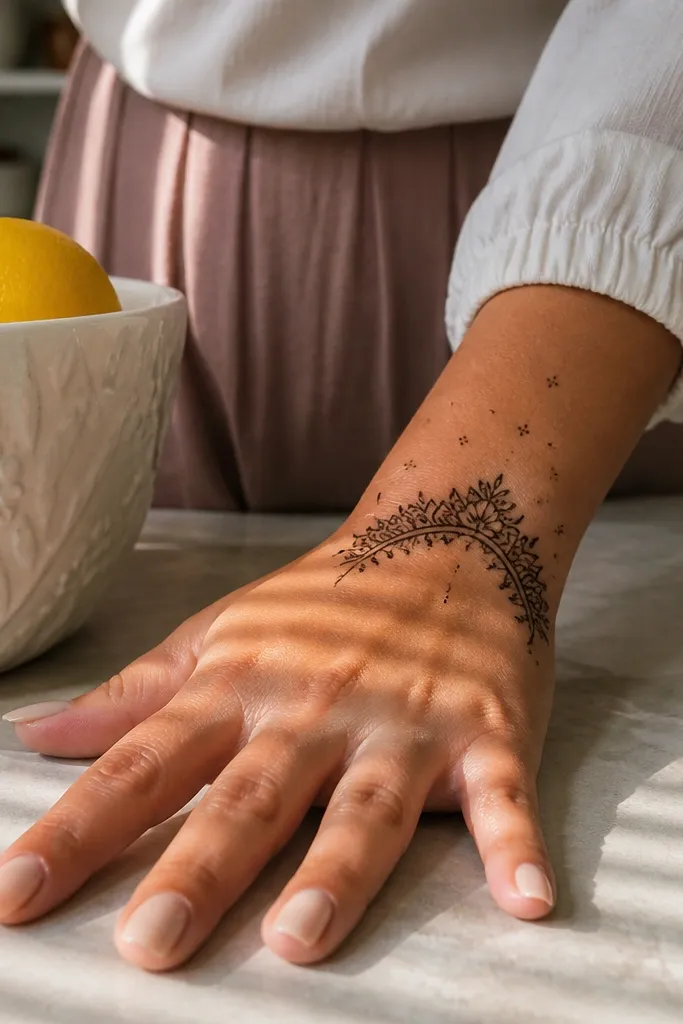 Front hand with a thin floral arch at the wrist and small star dots on the top