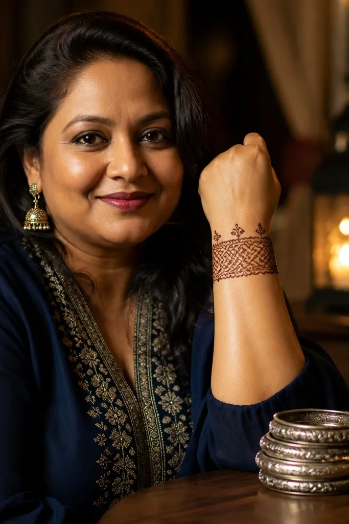 Front wrist with a bangle-like knot band and tiny flowers above it