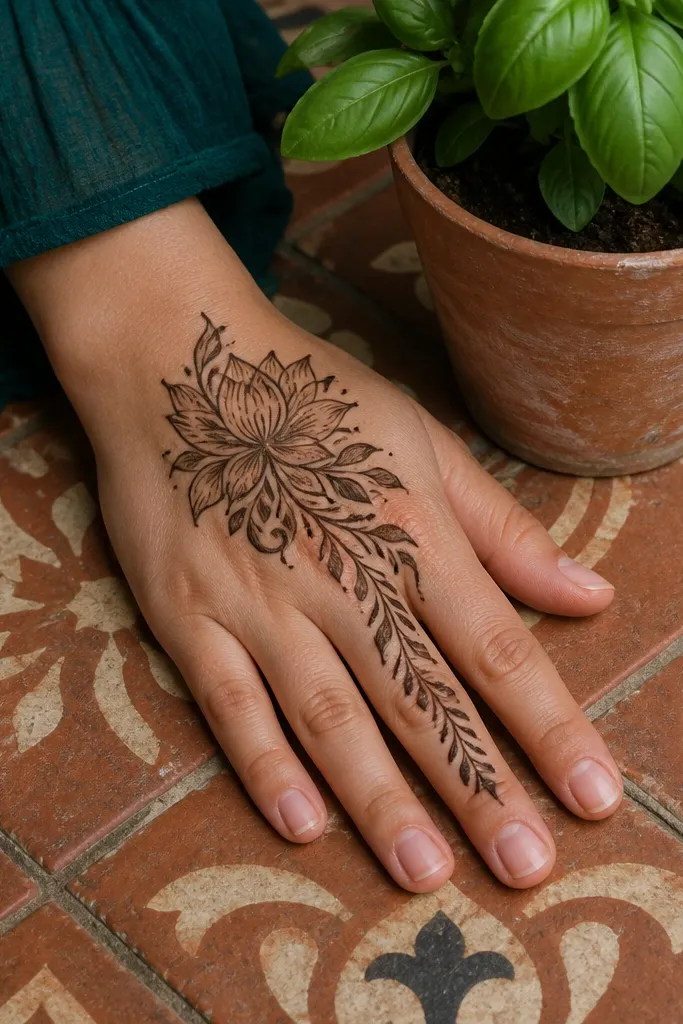 Front hand corner motif with a small lotus and a fan of leaves toward the fingers