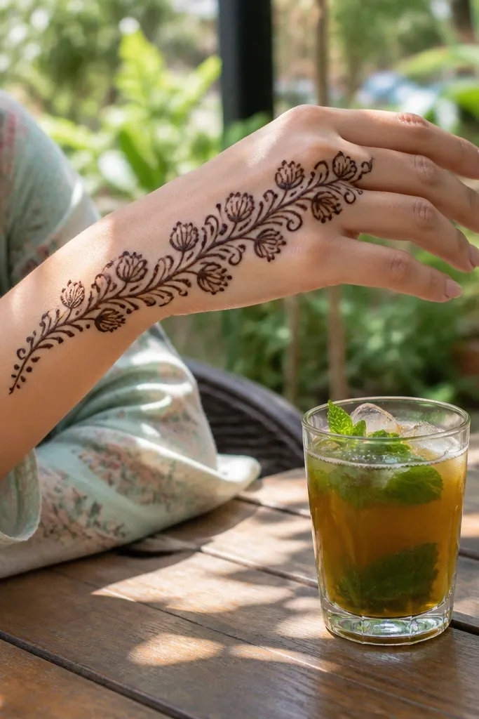 Front hand with a curved vine and repeating small bud shapes above the wrist