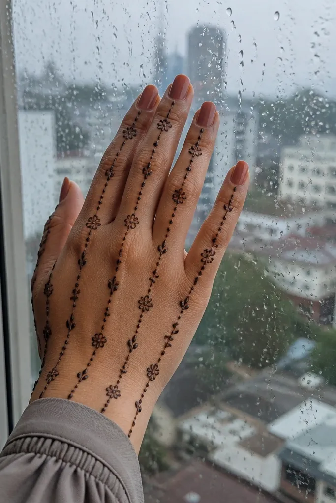 Front hand with raindrop lines descending and small flowers as stopping points