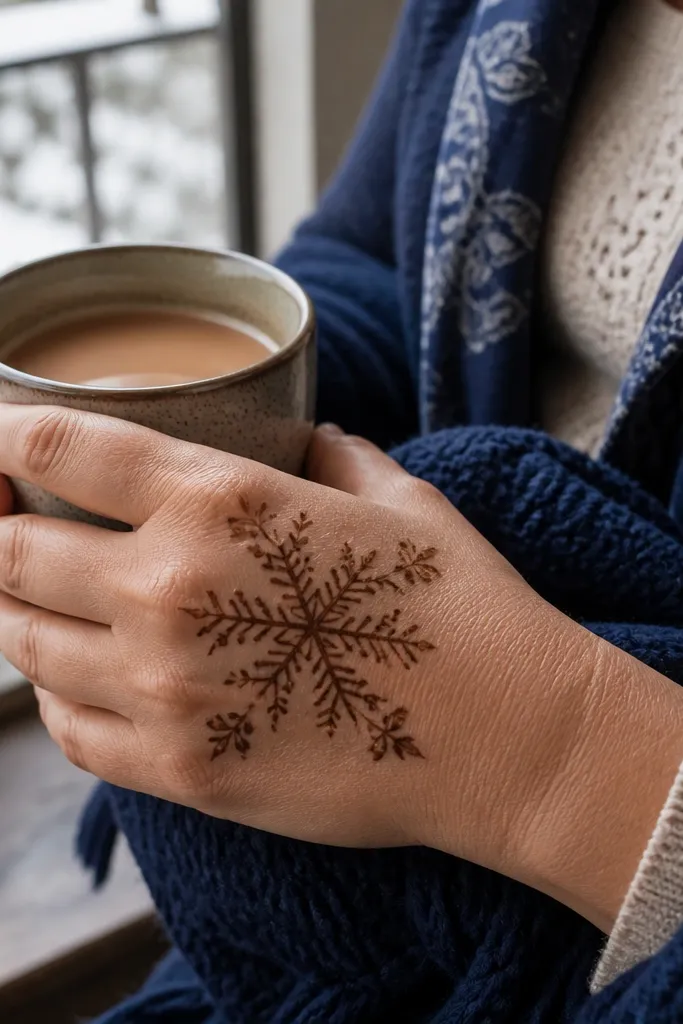 Front hand with a snowflake center and minimal leaf accents around it