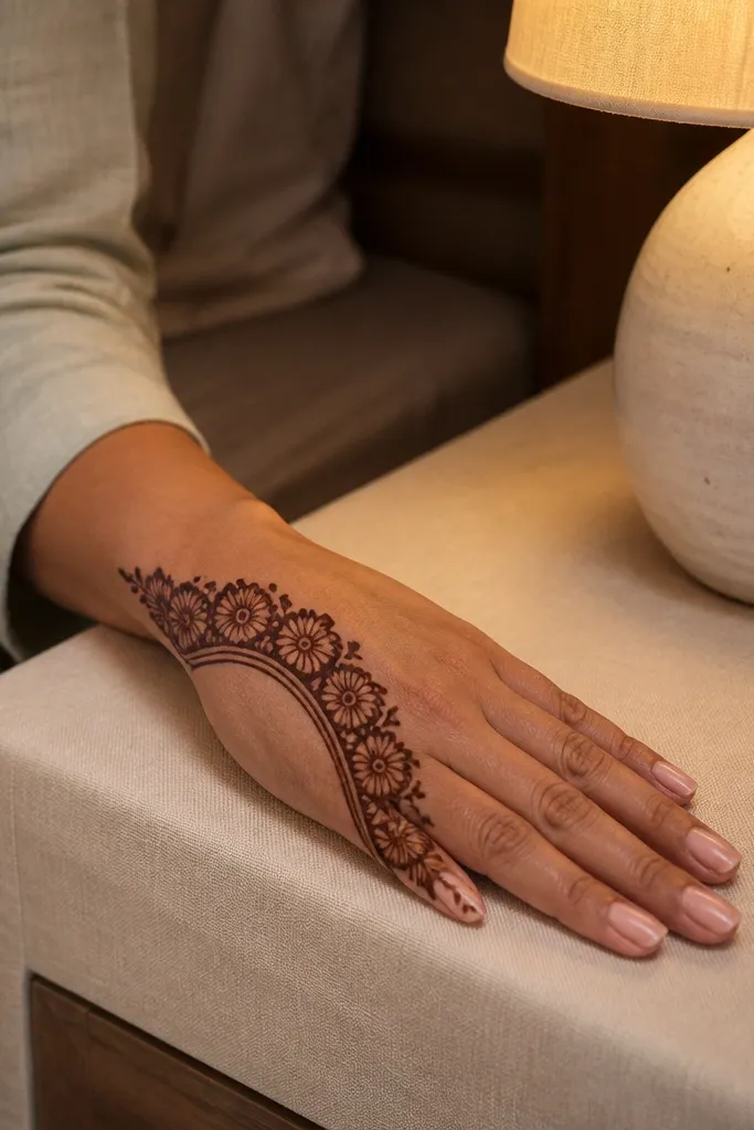 Front hand corner framed by a half-moon floral pattern near the wrist